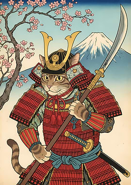 Samurai Cat with Mount Fuji