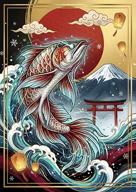 Arowana Fish with Mount Fuji