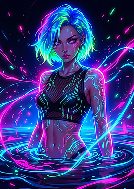 Neon Cyberpunk Girl in Water