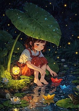 Girl with Paper Boats in Pond