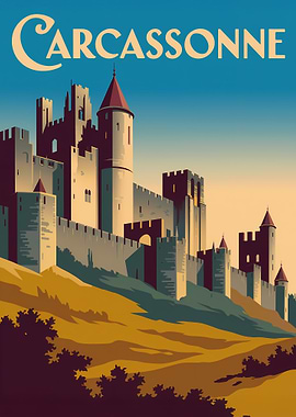 Carcassonne Castle Vintage Travel Poster