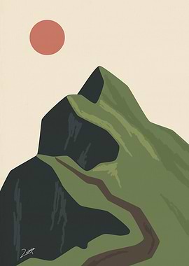 Minimalist Mountain Landscape with Red Sun