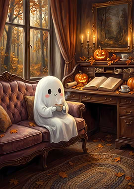 Cozy Ghost with Coffee in Autumn
