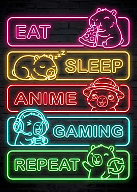 Anime Gaming Capybara Neon Quote