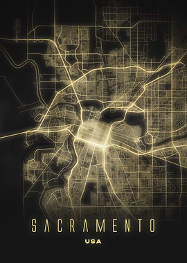 Sacramento, USA - Illuminated Night City Map, Metal Wall Art