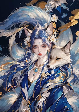 Fox spirit girl with fox companion