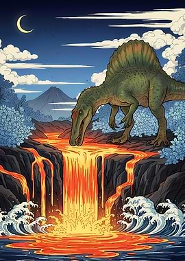 Spinosaurus and Lava Waterfall Illustration
