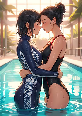 Two women hugging in a pool