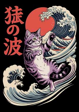 Cat Surfing Japanese Wave Art
