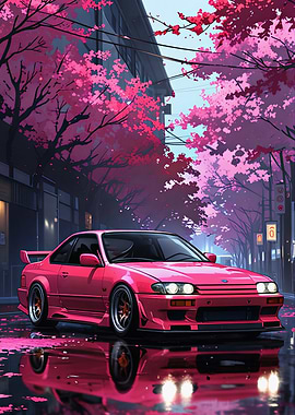 Pink Car Under Cherry Blossom Trees