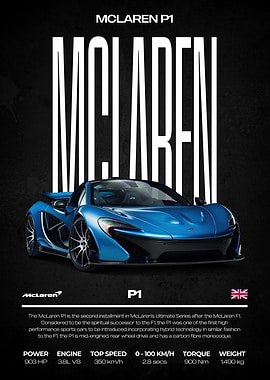 McLaren P1 Blue Car Poster