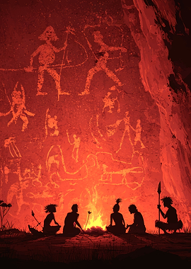 Cave Painting with Fire and Figures