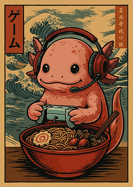 Axolotl Gamer Ramen Poster, Japanese Food Wall Art, Cute Anime Kitchen Illustration Print