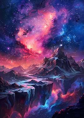 Cosmic Mountain Landscape with Nebula Sky