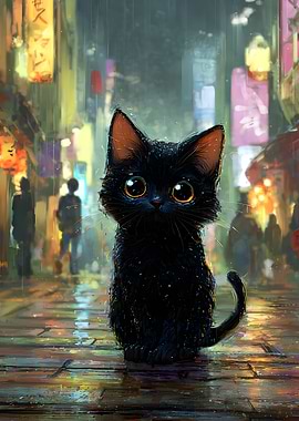 Black Cat in Rainy Cityscape