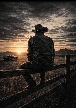 Cowboy at Sunset on Fence