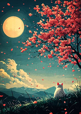 Cat under Cherry Blossom Tree at Night