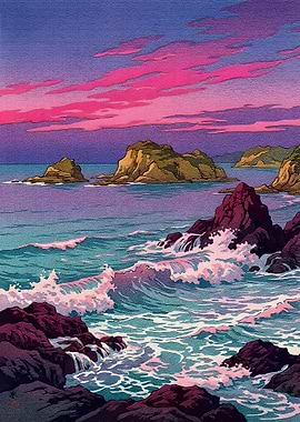 Coastal Landscape with Pink Sky