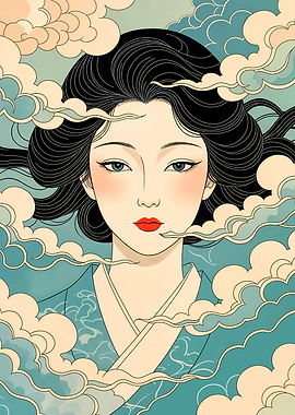 Asian Woman Portrait with Clouds