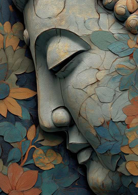 Stone Buddha with Floral Surroundings