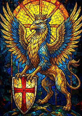 Stained Glass Griffin with Shield
