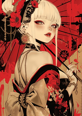 Geisha Inspired Japanese Girl with Red Umbrella