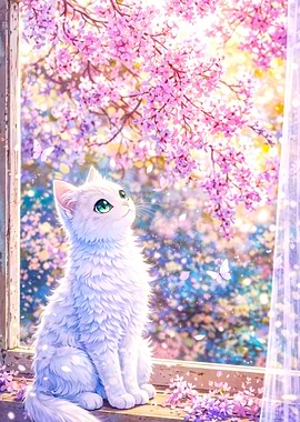 White Cat and Cherry Blossoms