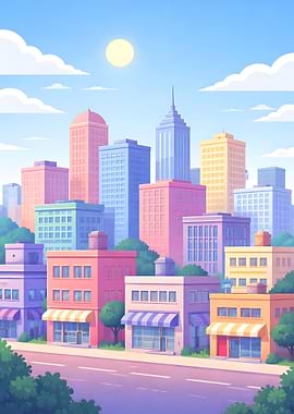 Pastel Cityscape Cartoon Illustration