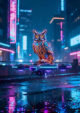 Cyberpunk Owl on Drone in Rainy City