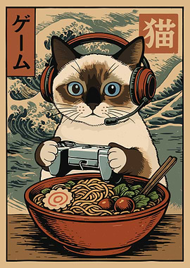 Gaming Cat Ramen Poster, Ukiyo-e Japanese Art Print, Anime Style Kitchen Wall Decor