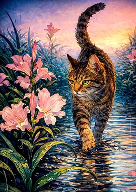 Cat Walking Through Water with Flowers