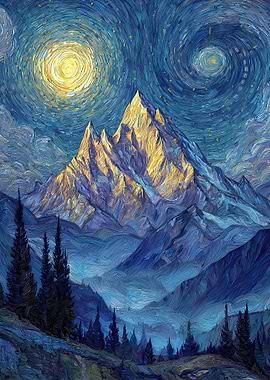 Starry Night Mountain Landscape Painting
