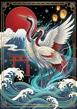 Japanese Cranes with Mount Fuji Art