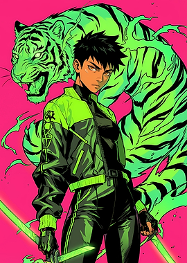 Neon Tiger and Warrior Illustration