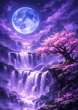 Purple Waterfall with Cherry Blossom Tree