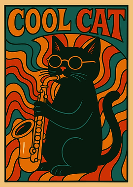 Cool Cat Jazz Poster, Retro 70s Music Wall Art, Vintage Groovy Cat Illustration Print