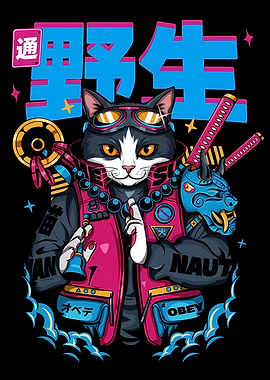 Cyberpunk Cat Samurai Illustration