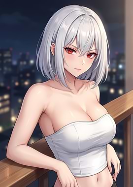 Anime Girl with Red Eyes on Balcony