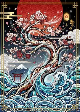 Japanese Cherry Blossom Tree and Waves
