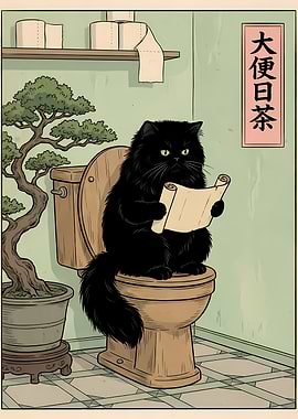 Cat on Toilet Reading Scroll