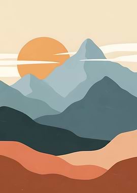 Minimalist Mountain Landscape with Rising Sun