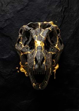Golden T-Rex Skull on Black Stone