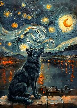 Wolf gazing at starry night painting