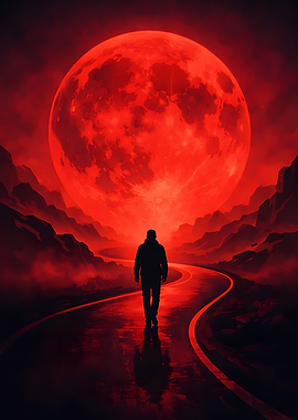 Silhouette Walking Under a Red Moon