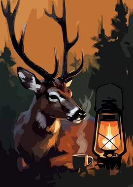 Deer, Lantern, and Coffee Illustration