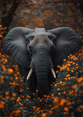 Elephant in a field of flowers
