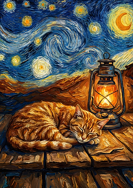 Starry Night Cat with Lantern