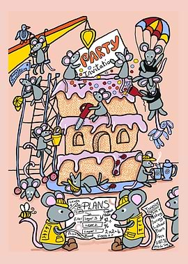 Mice Building a Cake Party Invitation