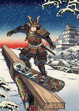 Samurai Snowboarder in Winter Landscape