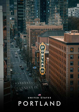 Portland Cityscape with Theater Sign